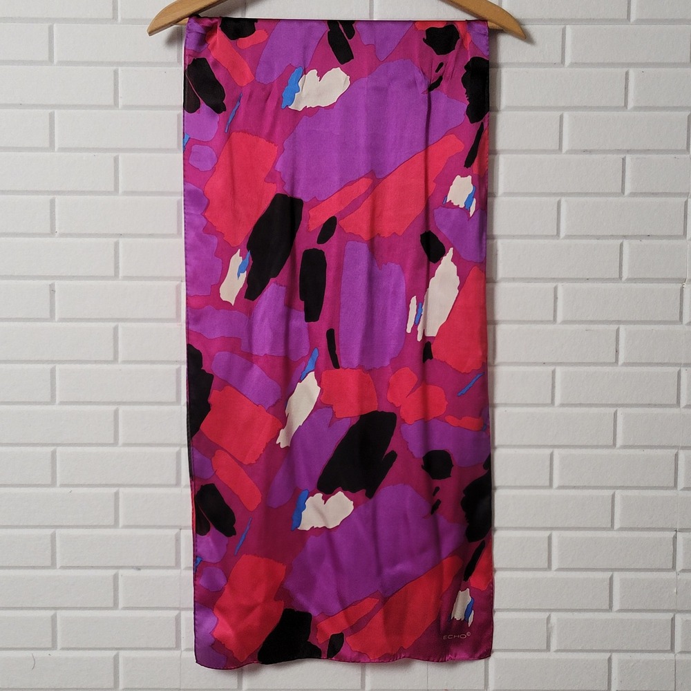 Vintage 1990s Echo Silk Scarf Purple Abstract Modernist Oblong Puffy Edge - Picture 3 of 8
